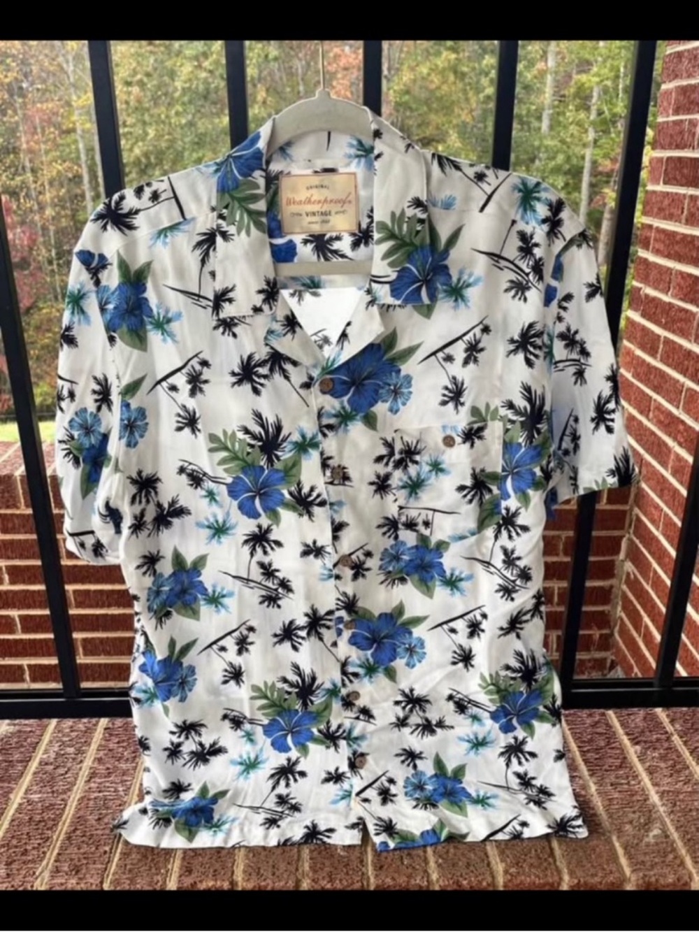 Weatherproof Men’s White Hawaiian Shirt with Blue Floral Print
